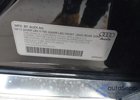 2013 Audi A8 3.0T z USA, uszkodzony, nr VIN WAUAGAFD6DN006259